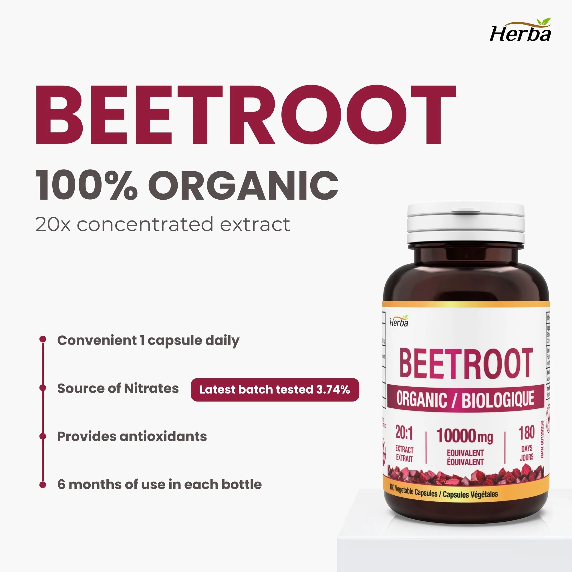 Organic Beet Root Supplement - 180 Capsules | 10,000mg Equivalent - 20:1 Extract Beetroot | Made in Canada - Image 3